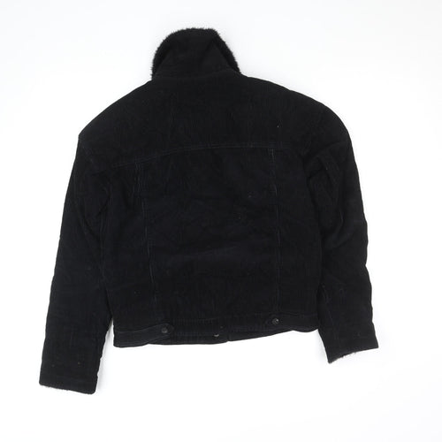 Primark Women Black Corduroy Faux Fur Lined Button Jacket Size 4