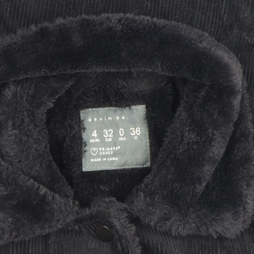 Primark Women Black Corduroy Faux Fur Lined Button Jacket Size 4