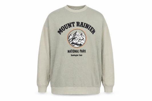 Front view of H&M Women's Beige Mount Rainier Graphic Pullover Sweatshirt, size S