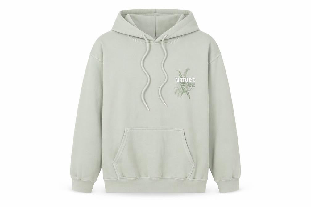 Front view of Hoxton Chic Men's Green Pullover Hoodie, size S, Nature Graphic Fleece