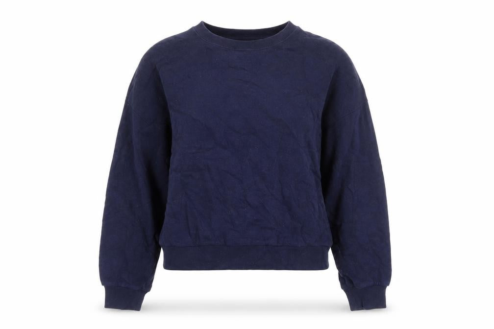 Front view of Gap women’s navy blue pullover sweatshirt, size S, crew neck classic fit