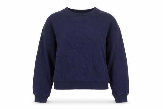 Front view of Gap women’s navy blue pullover sweatshirt, size S, crew neck classic fit