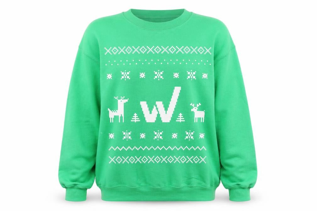 Front view of Gildan Women’s Green Christmas Crew Neck jumper, size S