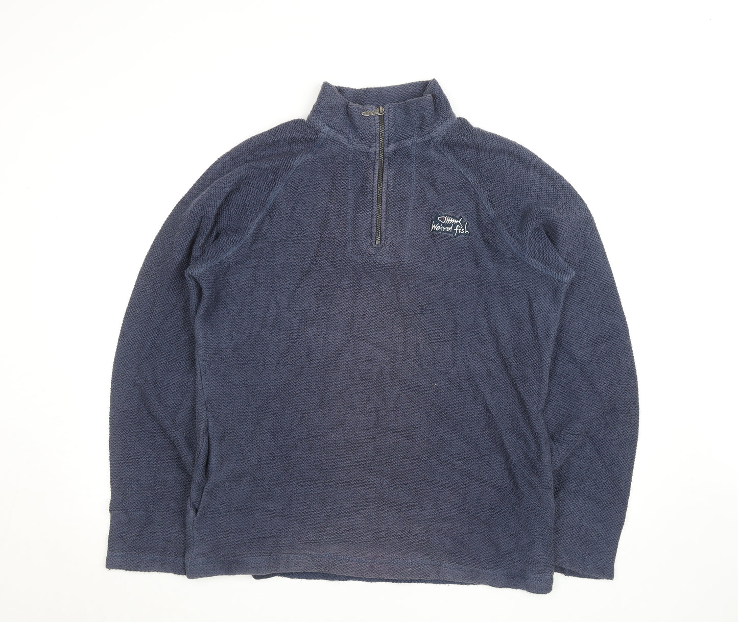 Weird Fish Men's Blue 1/4 Zip Waffle Knit Jumper Medium