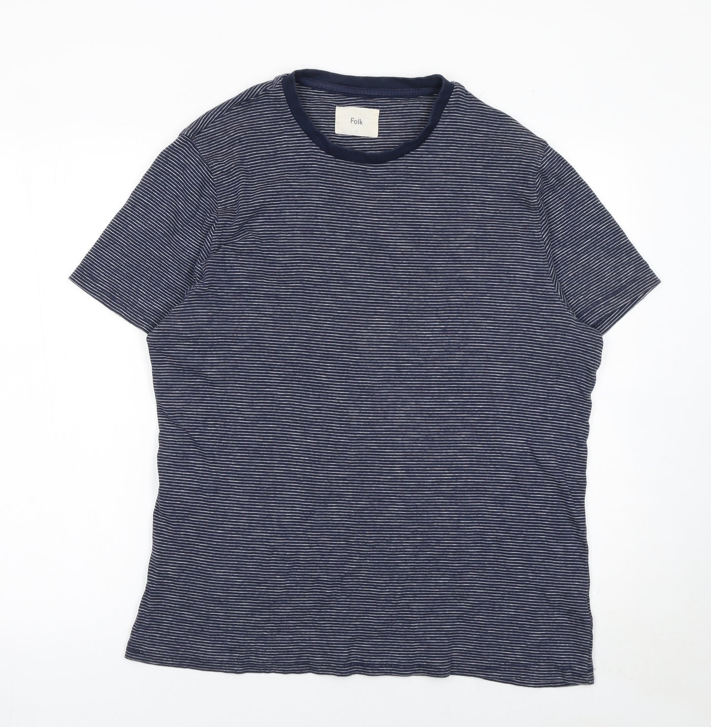 Folk Men’s Blue Striped Short Sleeve Cotton Crew Neck T-Shirt Size L