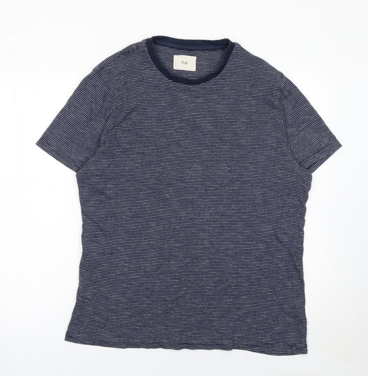 Folk Men’s Blue Striped Short Sleeve Cotton Crew Neck T-Shirt Size L