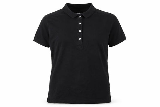 Front view of Russell Men's Black Stretch Cotton Polo Shirt, size L, Classic Fit