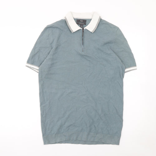 Marks and Spencer Men's Blue Cotton Rich 1/4 Zip Polo Shirt M