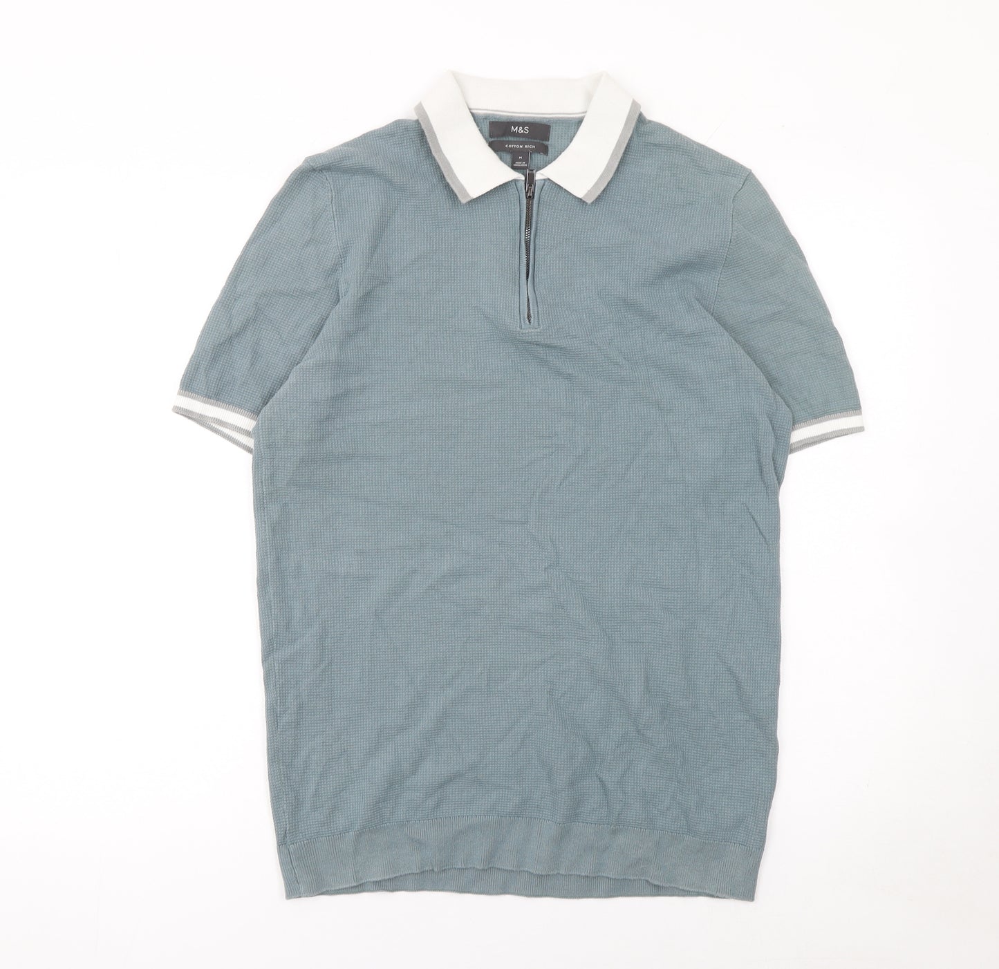Marks and Spencer Men's Blue Cotton Rich 1/4 Zip Polo Shirt M