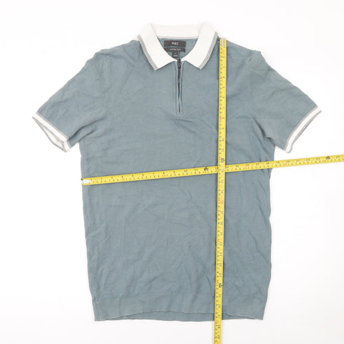Marks and Spencer Men's Blue Cotton Rich 1/4 Zip Polo Shirt M
