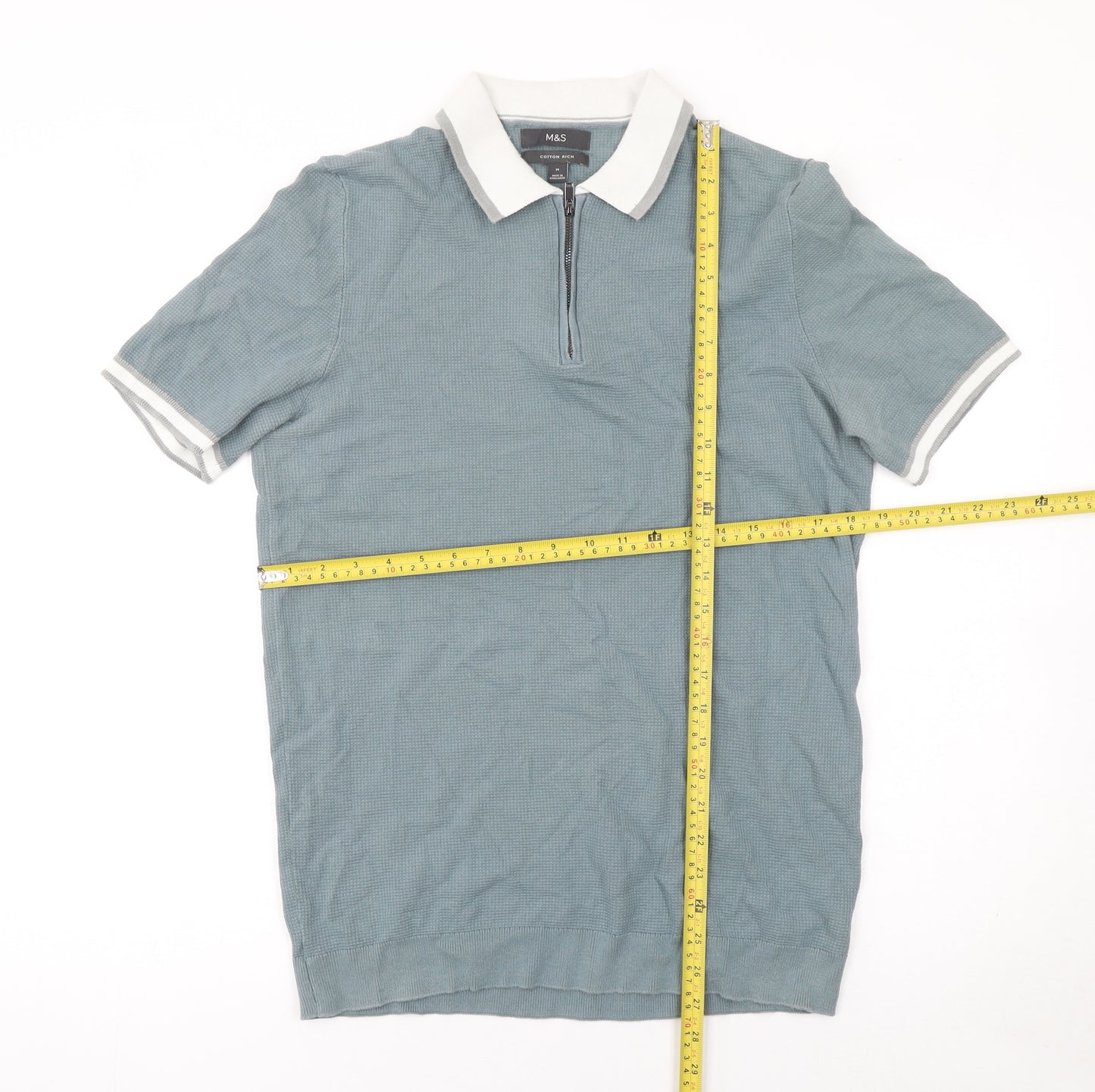 Marks and Spencer Men's Blue Cotton Rich 1/4 Zip Polo Shirt M