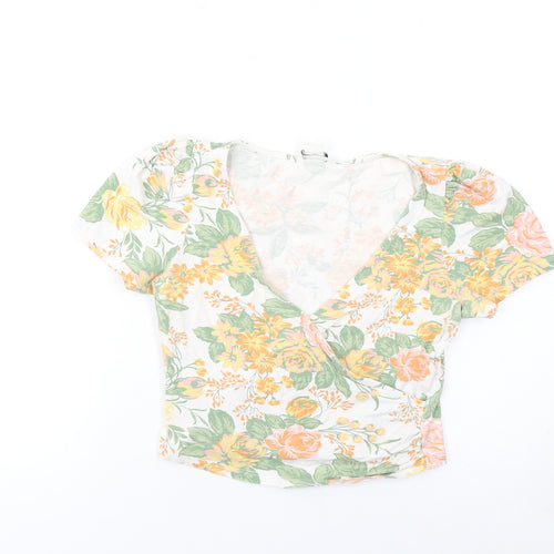 Monki Women's Floral Cropped V-Neck Puff Sleeve Blouse XS Multicoloured