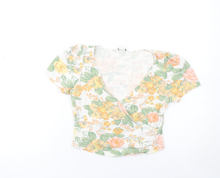 Monki Women's Floral Cropped V-Neck Puff Sleeve Blouse XS Multicoloured