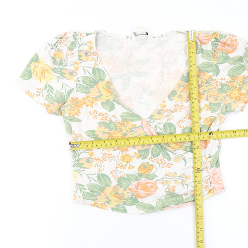 Monki Women's Floral Cropped V-Neck Puff Sleeve Blouse XS Multicoloured
