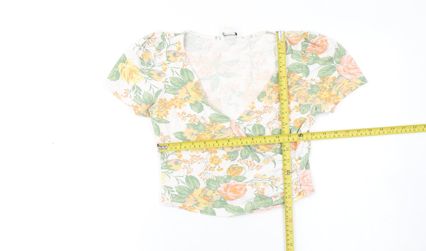 Monki Women's Floral Cropped V-Neck Puff Sleeve Blouse XS Multicoloured