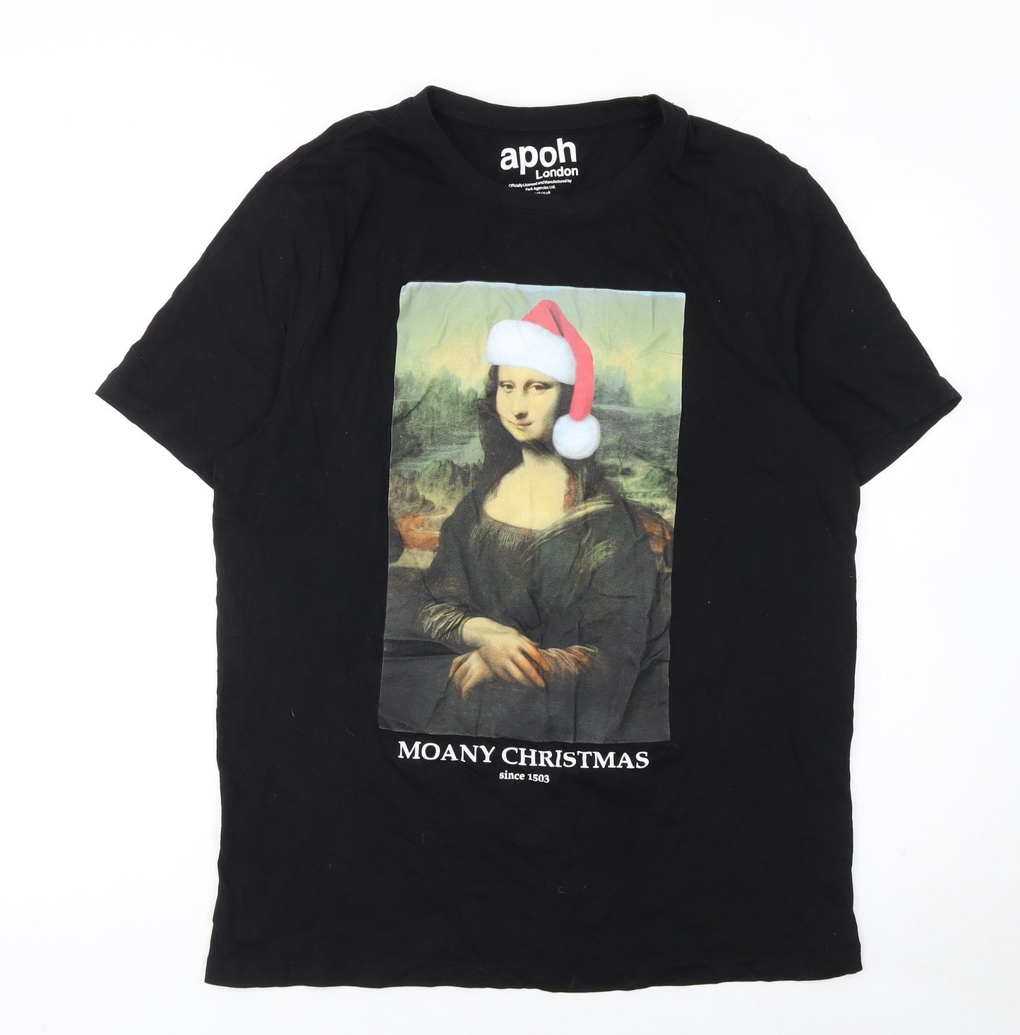 Tu Men’s Black Christmas Art Graphic T-Shirt Size L 100% Cotton