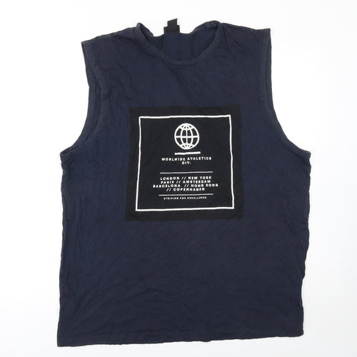 H&M Men Blue Sleeveless Graphic T-Shirt L Regular Fit