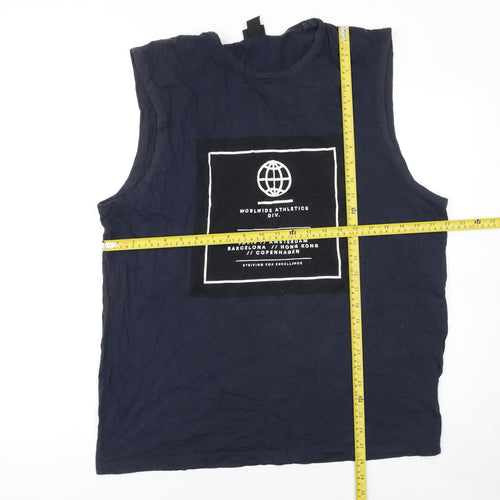 H&M Men Blue Sleeveless Graphic T-Shirt L Regular Fit
