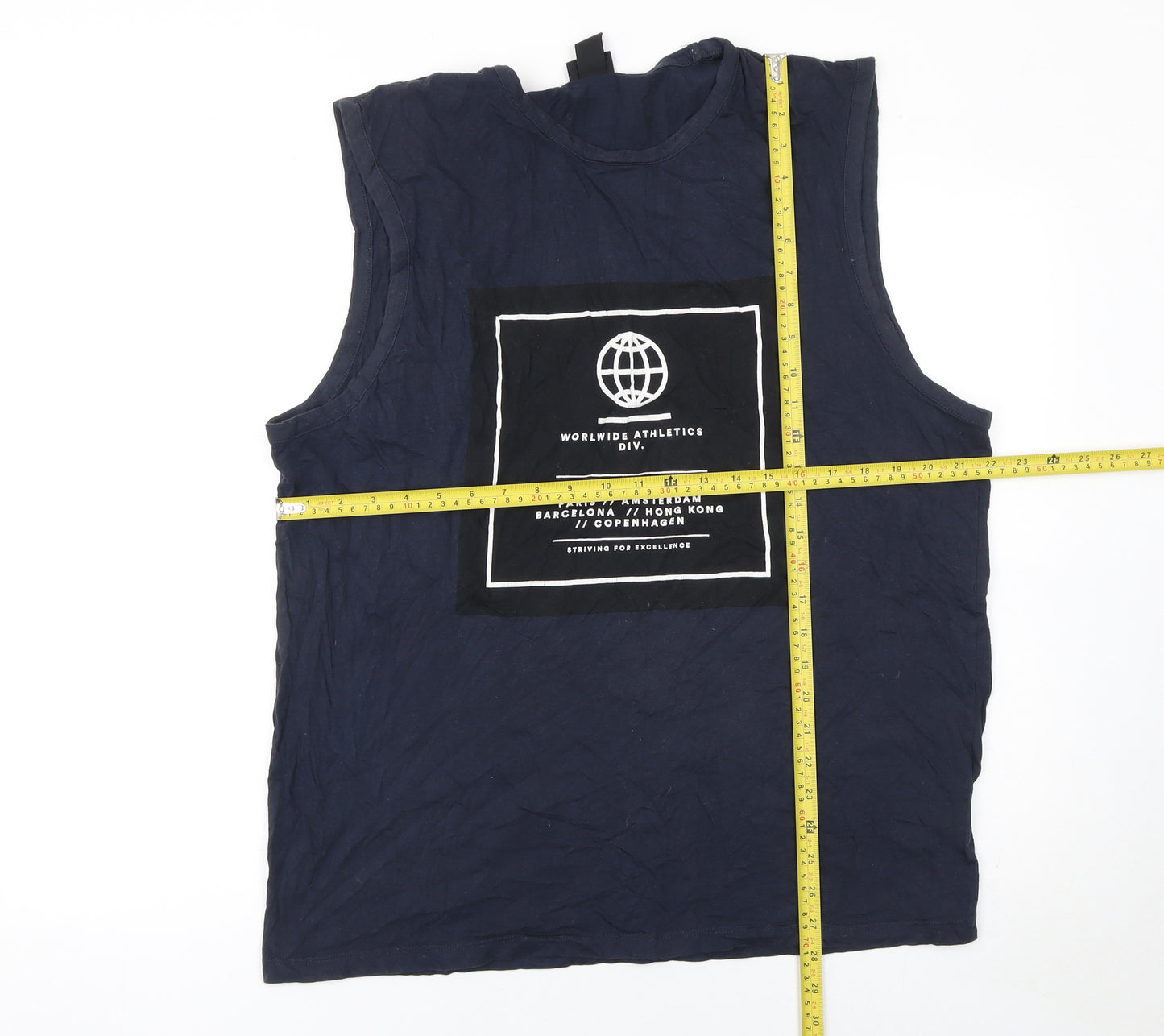 H&M Men Blue Sleeveless Graphic T-Shirt L Regular Fit