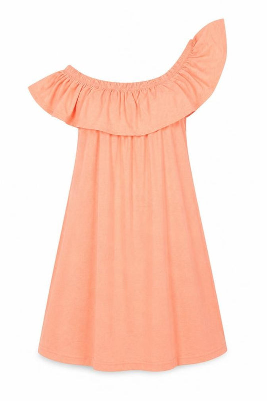 Front view of Atmosphere Women’s Orange Off Shoulder Ruffle A-Line Jersey Dress, size UK 10