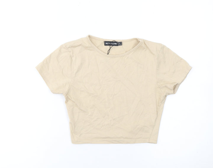 PrettyLittleThing Women Beige Crop T-Shirt Size 8 Cotton Blend
