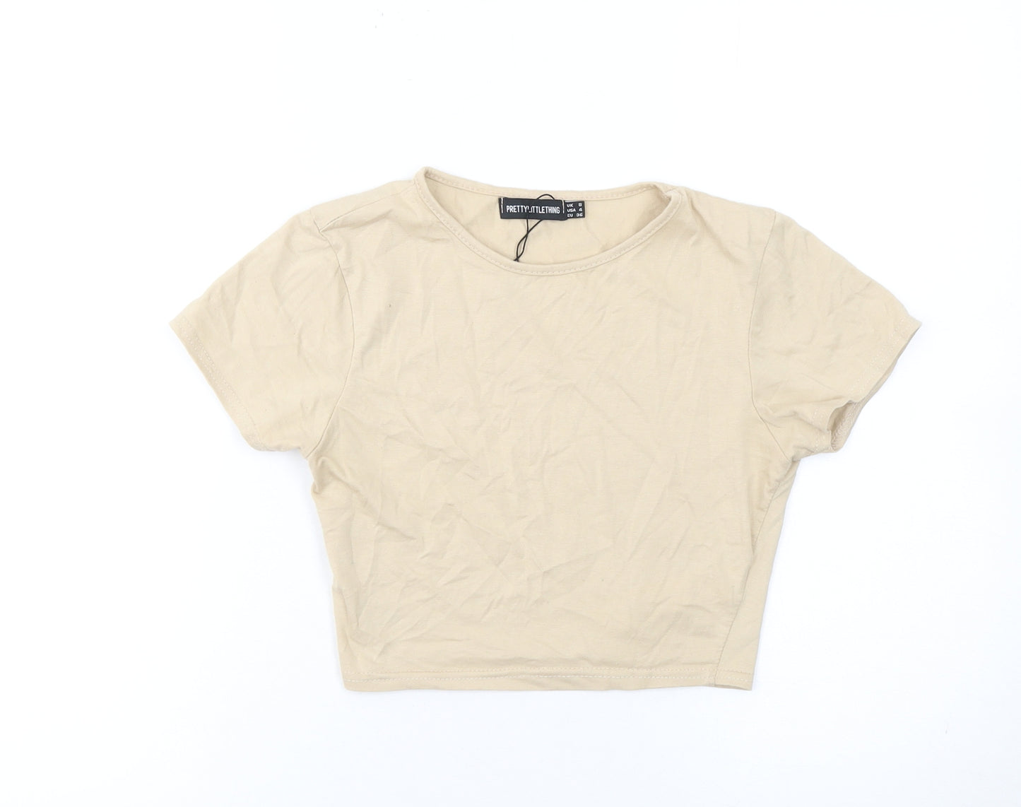 PrettyLittleThing Women Beige Crop T-Shirt Size 8 Cotton Blend