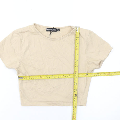 PrettyLittleThing Women Beige Crop T-Shirt Size 8 Cotton Blend