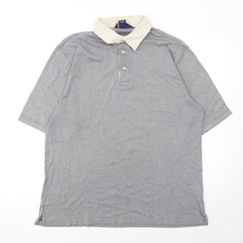 Lands' End Men's Grey Striped Cotton Polo Shirt L