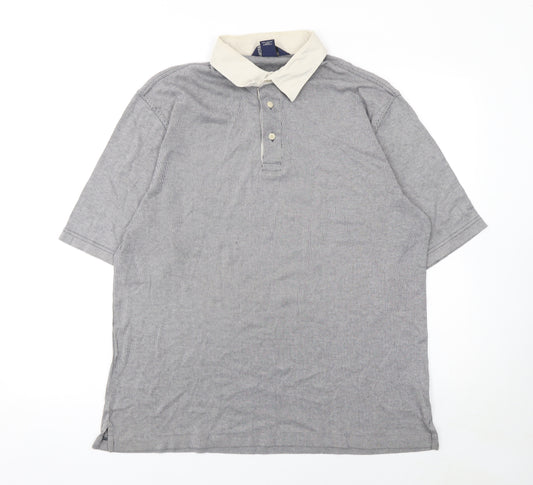 Lands' End Men's Grey Striped Cotton Polo Shirt L
