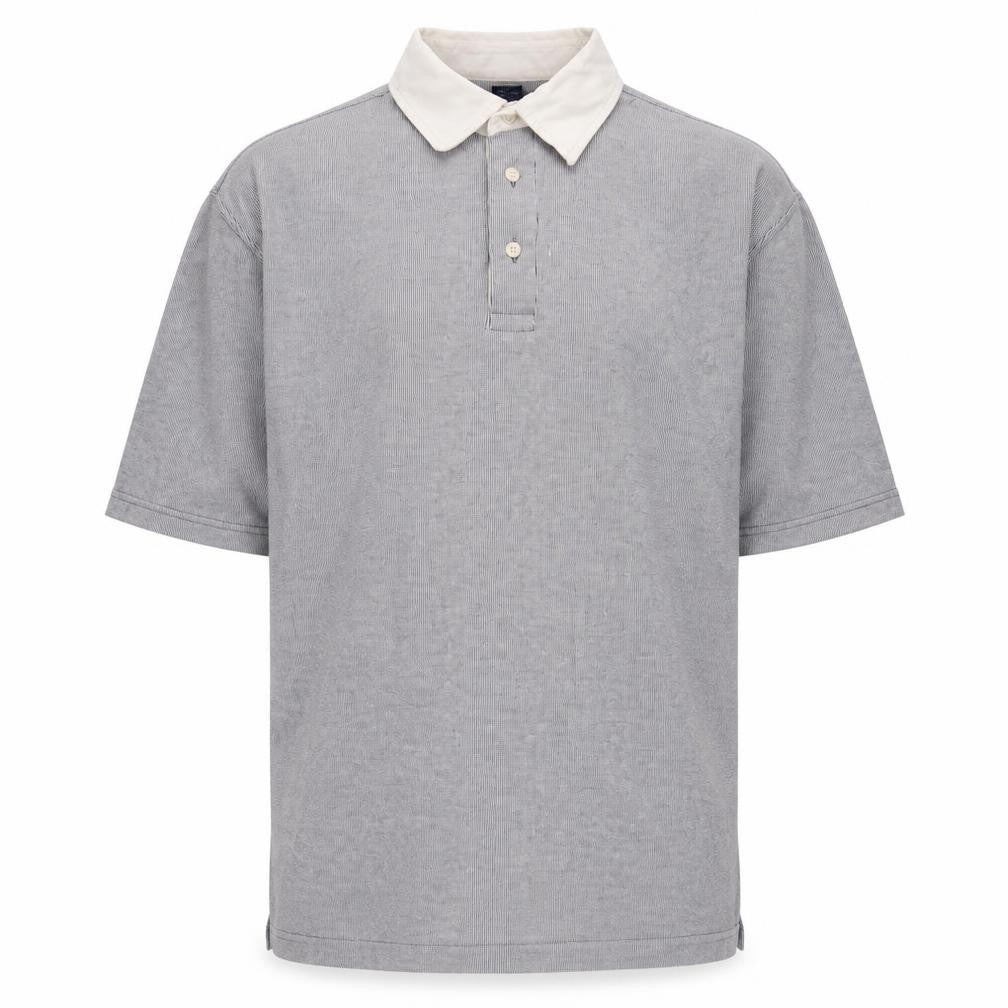 Lands' End Men's Grey Striped Cotton Polo Shirt L