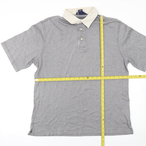 Lands' End Men's Grey Striped Cotton Polo Shirt L