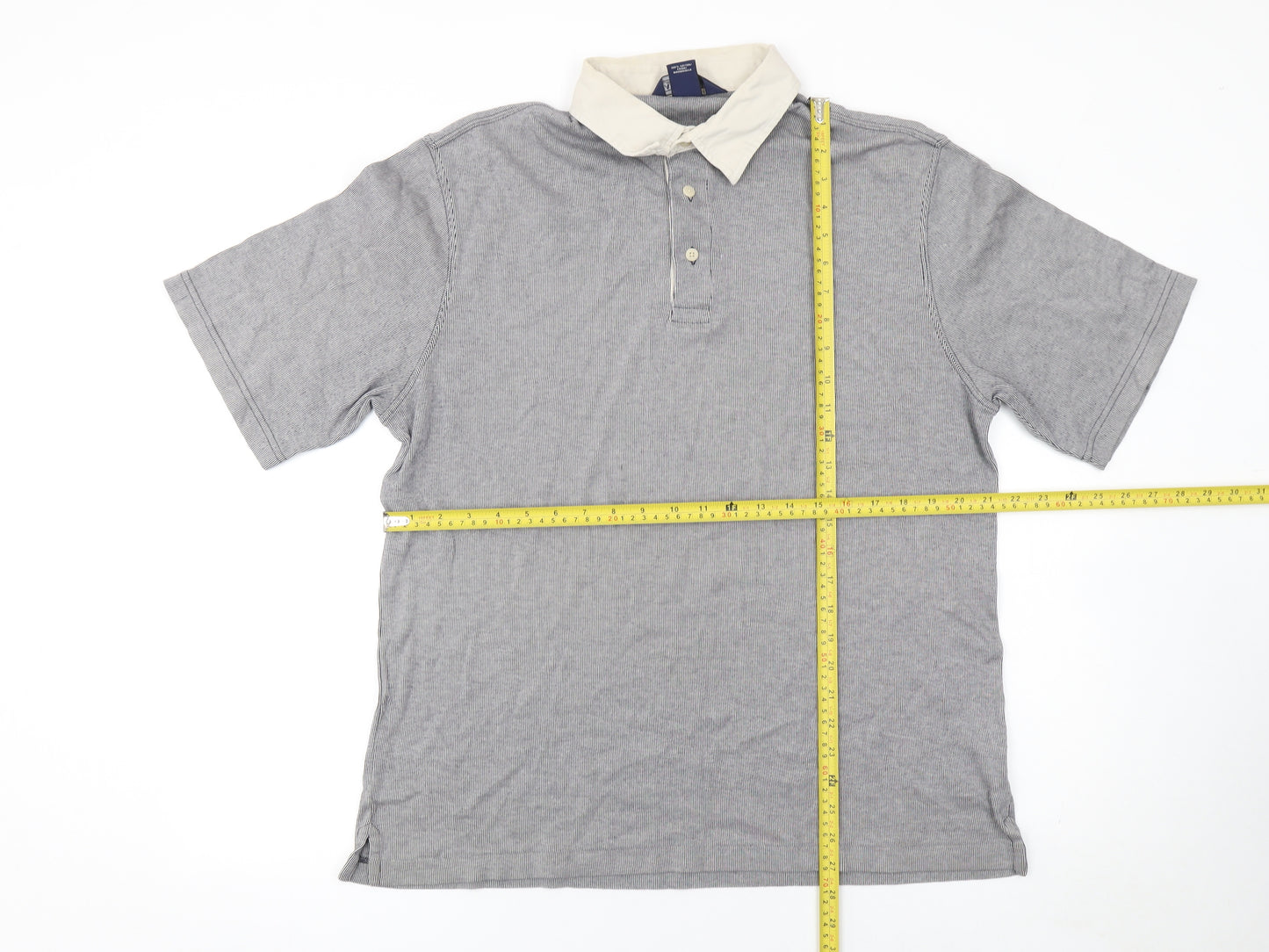 Lands' End Men's Grey Striped Cotton Polo Shirt L