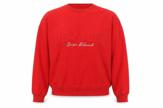 Front view of Public Planet Women's Red New York Pullover Sweatshirt, size 8