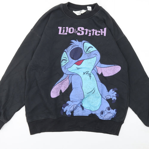 H&M Girls Black Lilo & Stitch Pullover Sweatshirt 10-12 Years Fleece Crew Neck