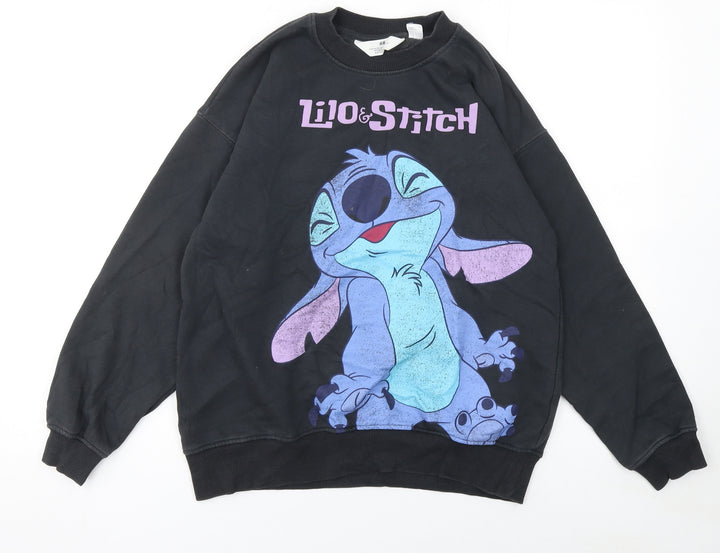 H&M Girls Black Lilo & Stitch Pullover Sweatshirt 10-12 Years Fleece Crew Neck