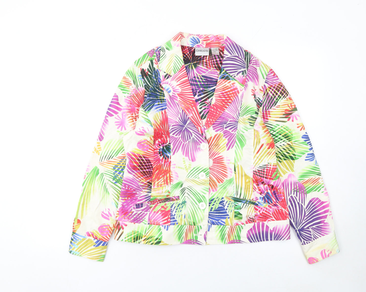 Chico's Women Multicoloured Floral Blazer Jacket Size 12 Cotton Blend