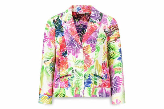 Front view of Chico's Women Multicoloured Floral Blazer Jacket, size 12, Cotton Blend
