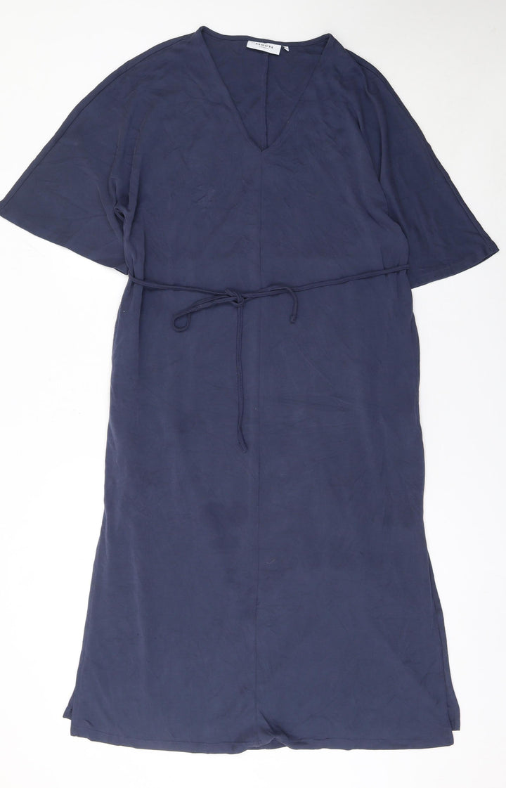 MSCH Copenhagen Women’s Blue Midi Shift Dress Size S V-Neck Belted