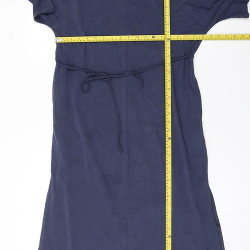 MSCH Copenhagen Women’s Blue Midi Shift Dress Size S V-Neck Belted