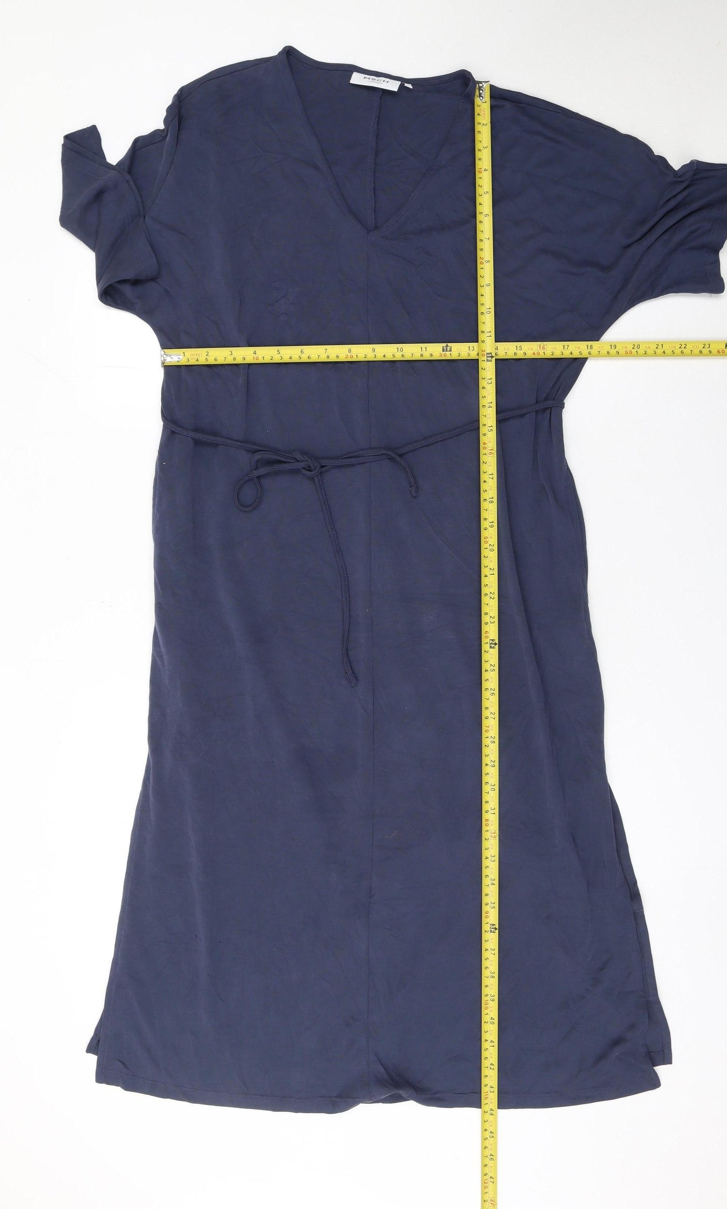 MSCH Copenhagen Women’s Blue Midi Shift Dress Size S V-Neck Belted