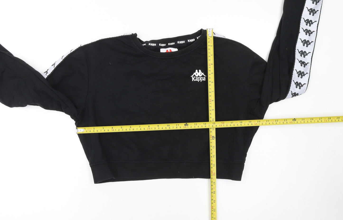 Kappa Womens Black Cropped Pullover Sweatshirt Large Logo Tape Sleeve
