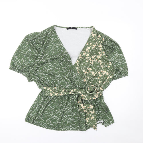 Very Women's Green Floral Wrap Blouse UK 18 Short Puff Sleeve