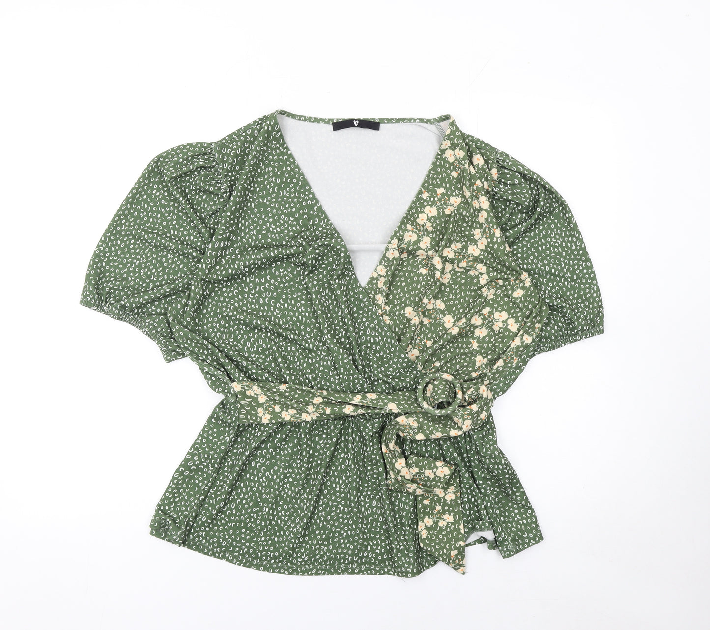 Very Women's Green Floral Wrap Blouse UK 18 Short Puff Sleeve