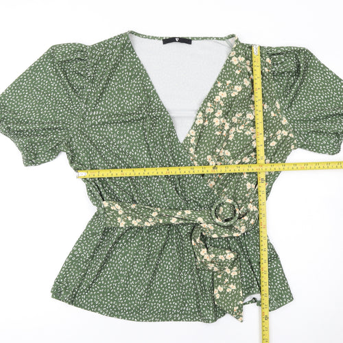 Very Women's Green Floral Wrap Blouse UK 18 Short Puff Sleeve