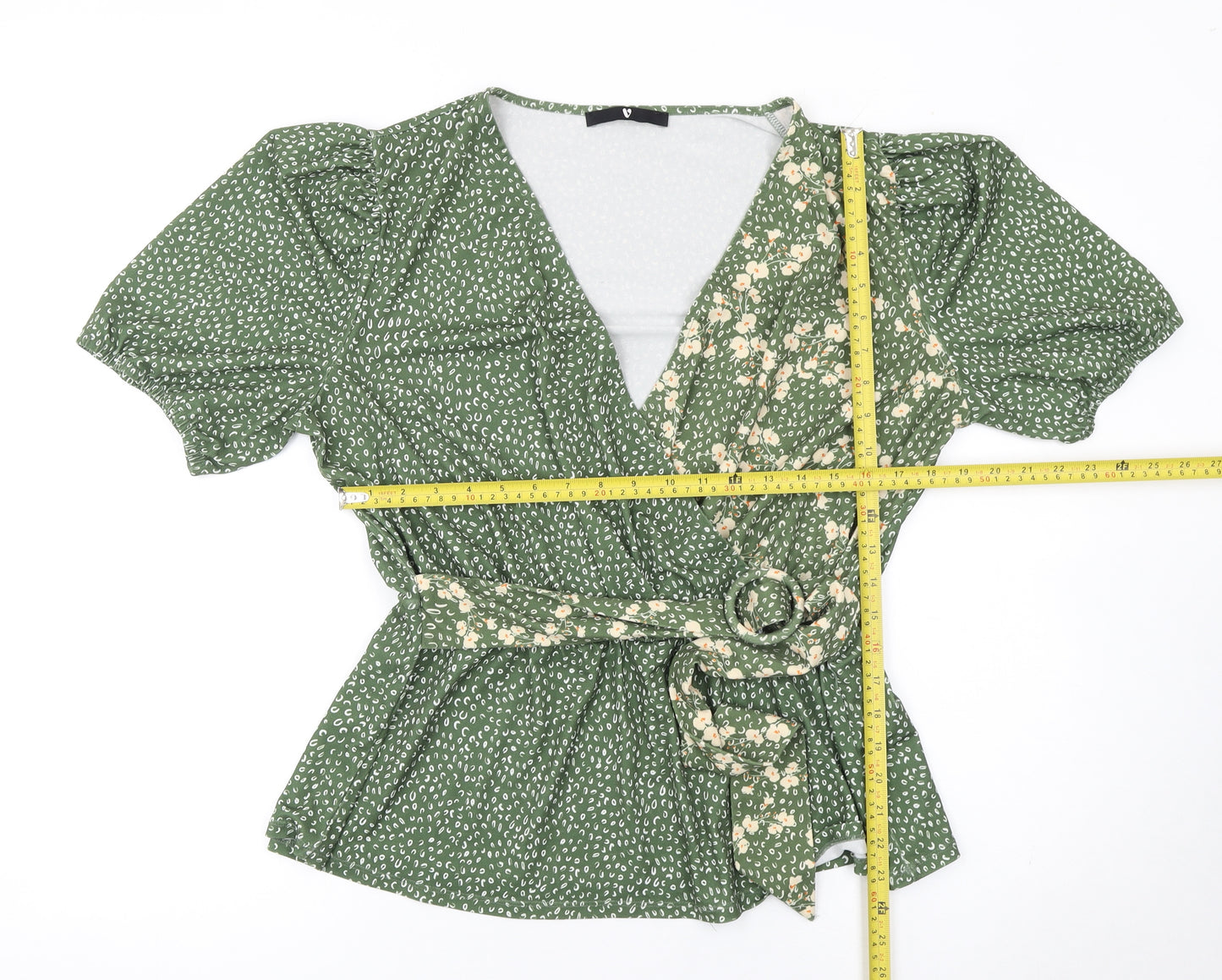 Very Women's Green Floral Wrap Blouse UK 18 Short Puff Sleeve