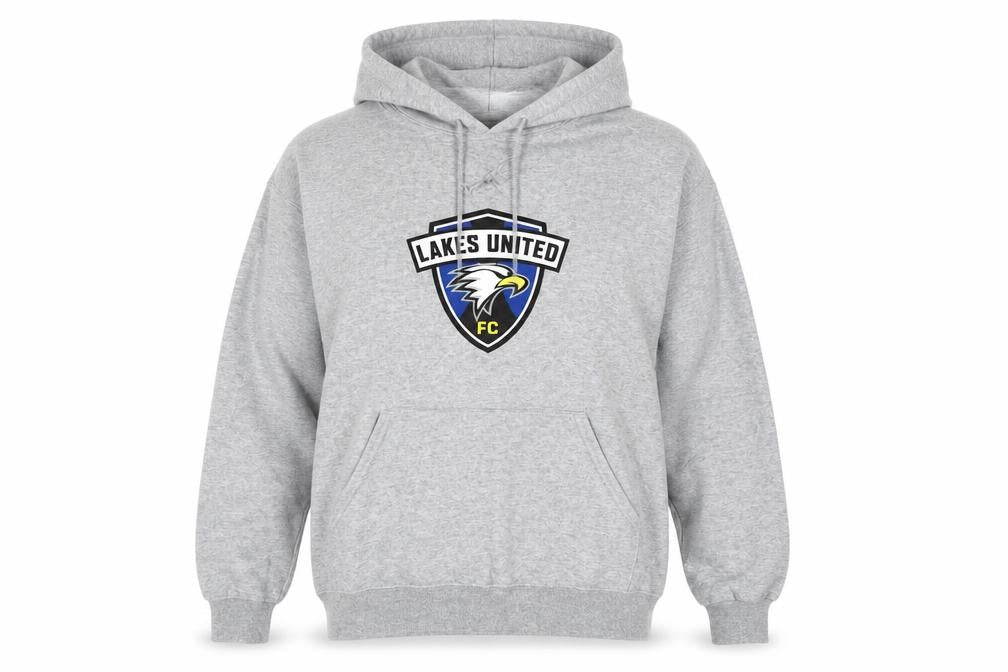 Front view of Jerzees men’s grey lakes united fc pullover hoodie, size M, regular fit