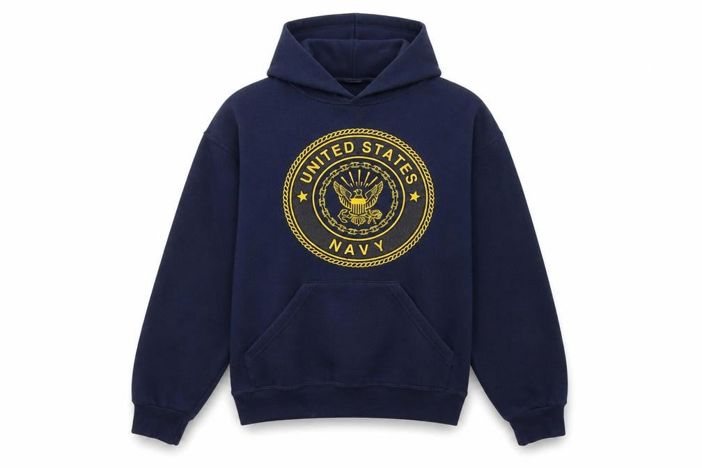 Front view of Soffe women’s navy blue us navy pullover hoodie, size S, cotton blend