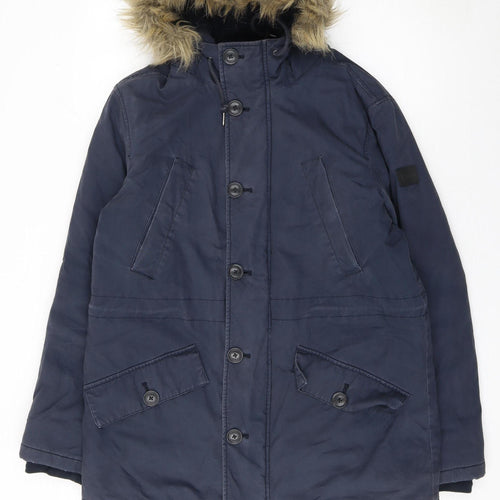 Farah Men's Navy Parka Coat Faux Fur Hood Size S Cotton Shell