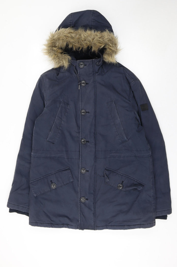 Farah Men's Navy Parka Coat Faux Fur Hood Size S Cotton Shell
