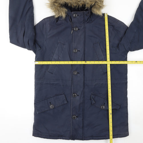 Farah Men's Navy Parka Coat Faux Fur Hood Size S Cotton Shell